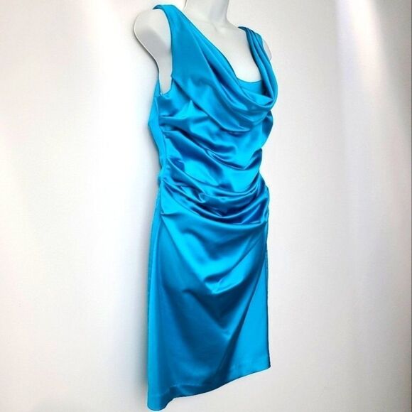 David's Bridal Malibu Blue Satin Ruched Draped Neck Dress 10 - Picture 2 of 11